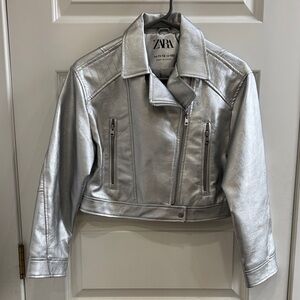 Zara Women's Metallic Silver Leather Jacket